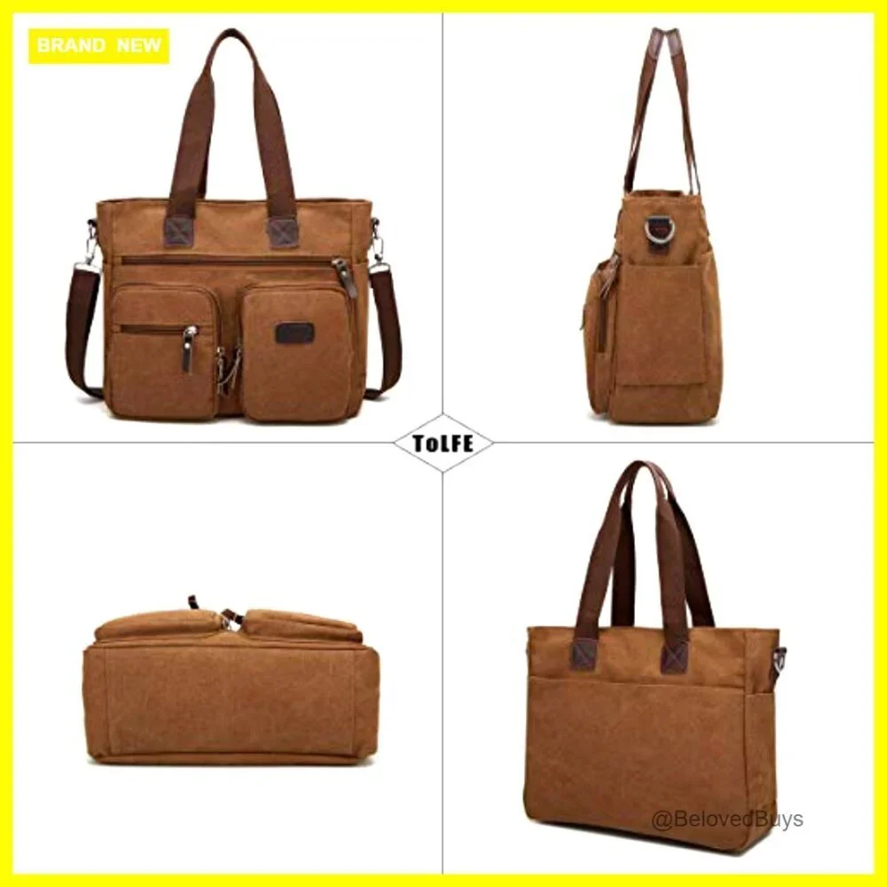 Canvas Satchel Tote with Adjustable Strap, Multiple Pockets, Work Travel Bag